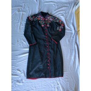 Minh Hanh Silk Embroidered Dress Button Floral Sz Large NO BELT